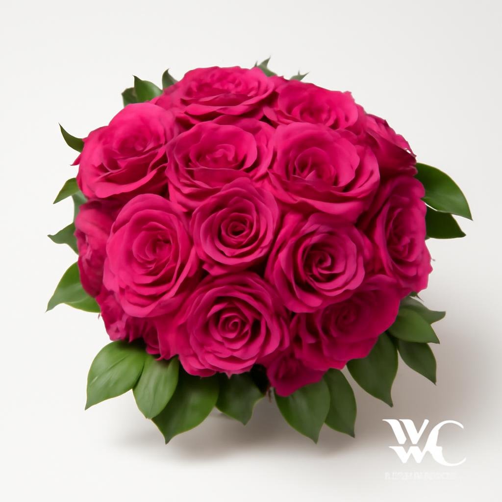 Round bouquet of bright pink roses with green leaves around the edges, arranged on a metal surface.