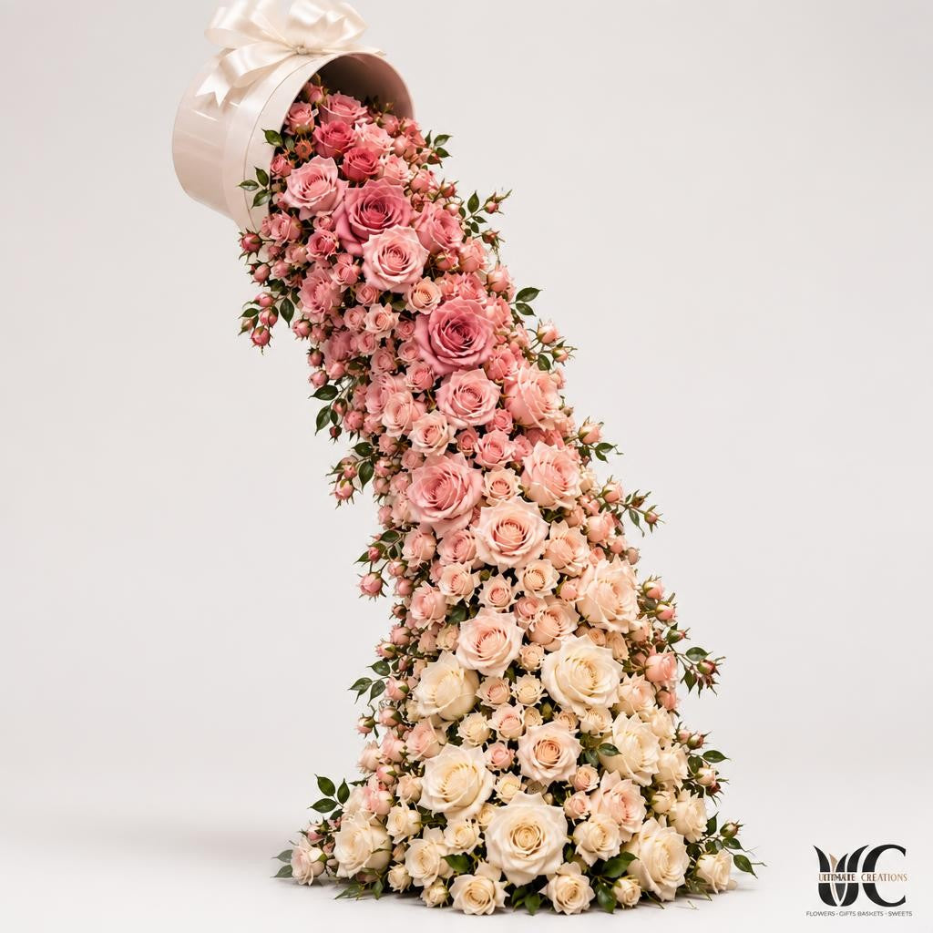 White tipped flower box overflowing with pink, blush, and cream roses, small buds, and green foliage in a diagonal cascade.