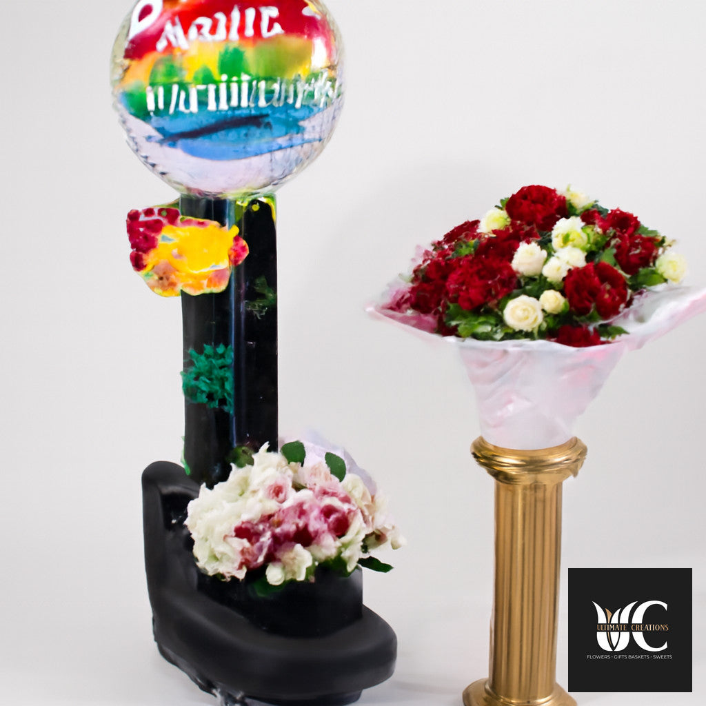 Colorful balloon and floral event display with two elevated arrangements, including red and white flowers and a rainbow-painted balloon accent.
