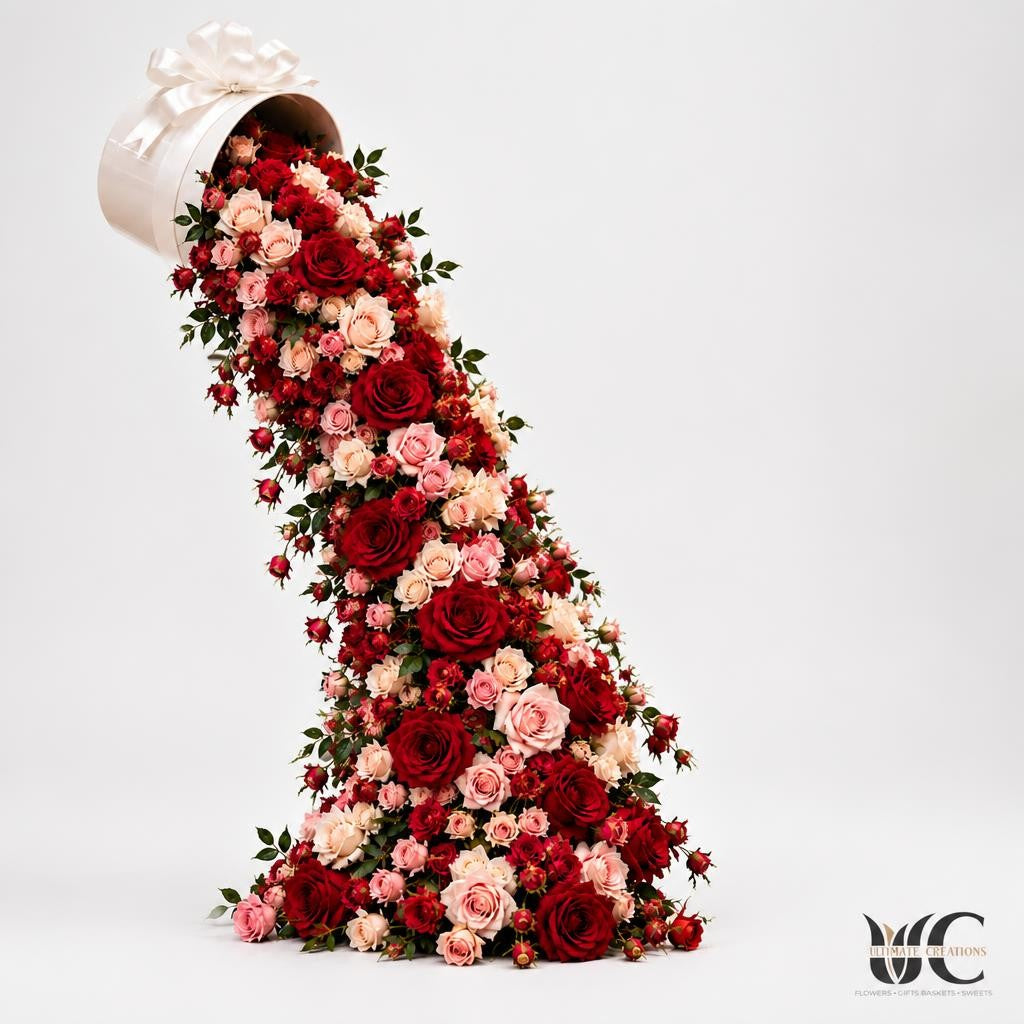 White tipped flower box with a dramatic diagonal cascade of crimson, burgundy, blush, and cream roses with greenery.
