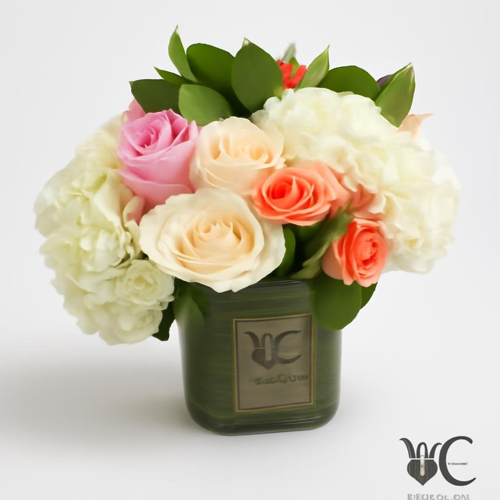 A vase arrangement with white hydrangea-like blooms, blush and peach roses, coral accent roses, and greenery in a glass container.