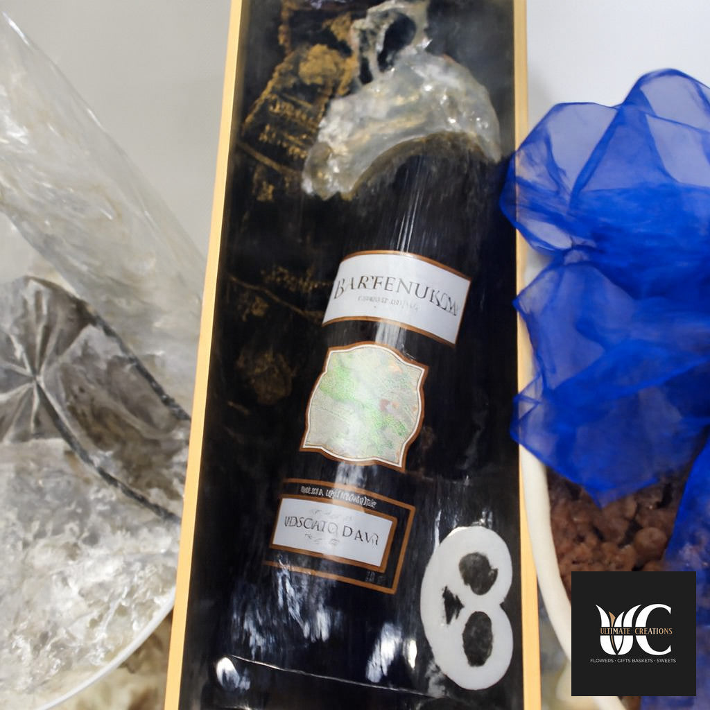 Decoratively wrapped bottle gift in a black box with blue tulle accents and gold trim.