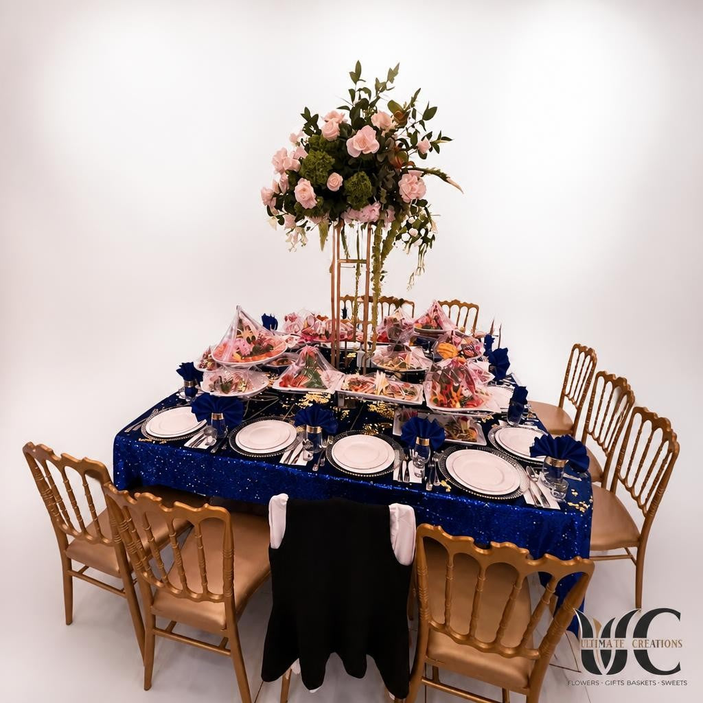 Tall lush floral centerpiece with white and blush flowers above a formal banquet table in a softly illuminated event room.