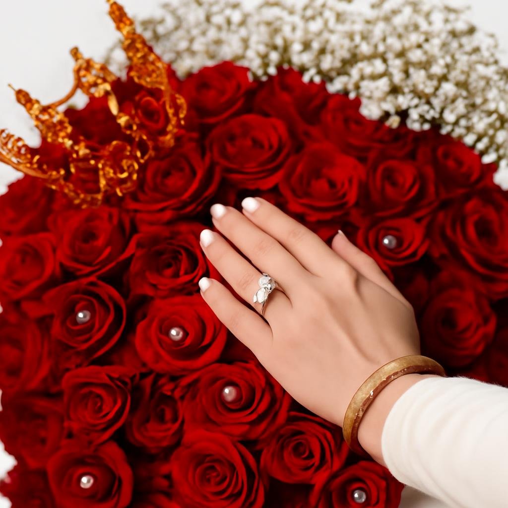 Large bouquet of red roses with white filler and gold crown accents, shown with a hand resting on top.
