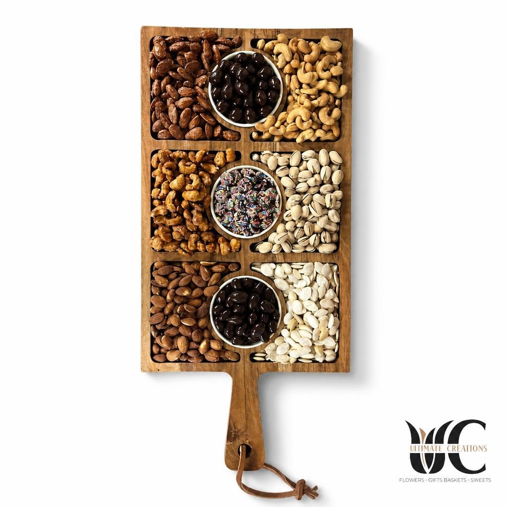 Wooden serving board divided into sections filled with mixed nuts and bowls of chocolate-covered treats and colorful candy pieces.