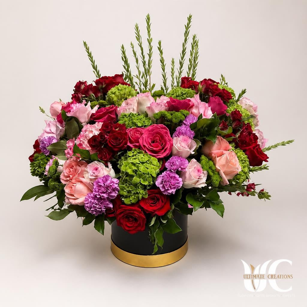 Full flower-box arrangement with red, pink, peach, lavender, and green flowers in a black container with a gold rim.
