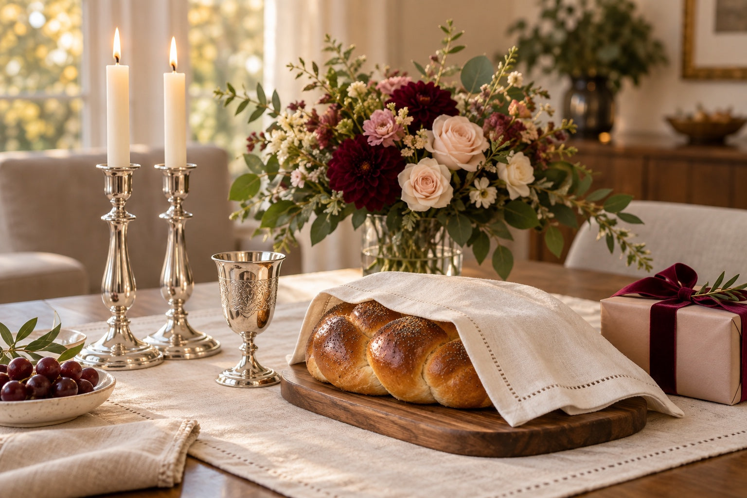 Judaica, Jewish holiday table gifts and fresh flowers arranged in a warm home setting