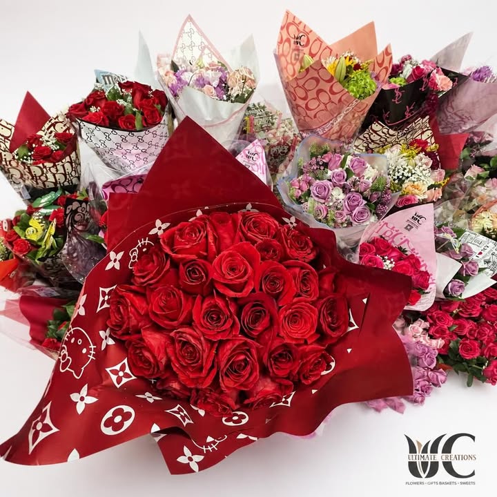Large red rose bouquet with patterned wrapping surrounded by colorful bouquets.
