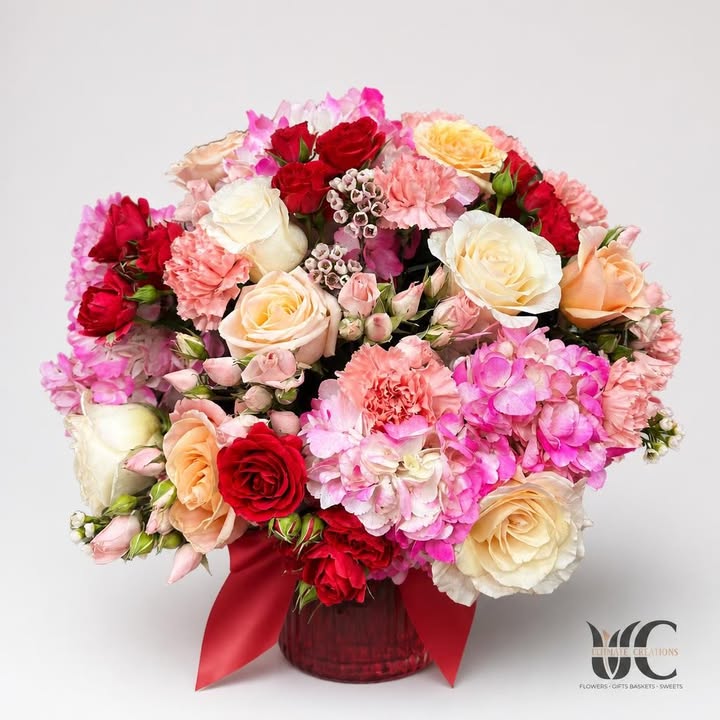 Lush mixed bouquet of red, pink, peach, and white flowers wrapped with ribbon