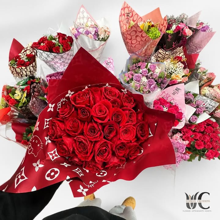 Large bouquet of red roses in red patterned wrapping surrounded by colorful bouquets