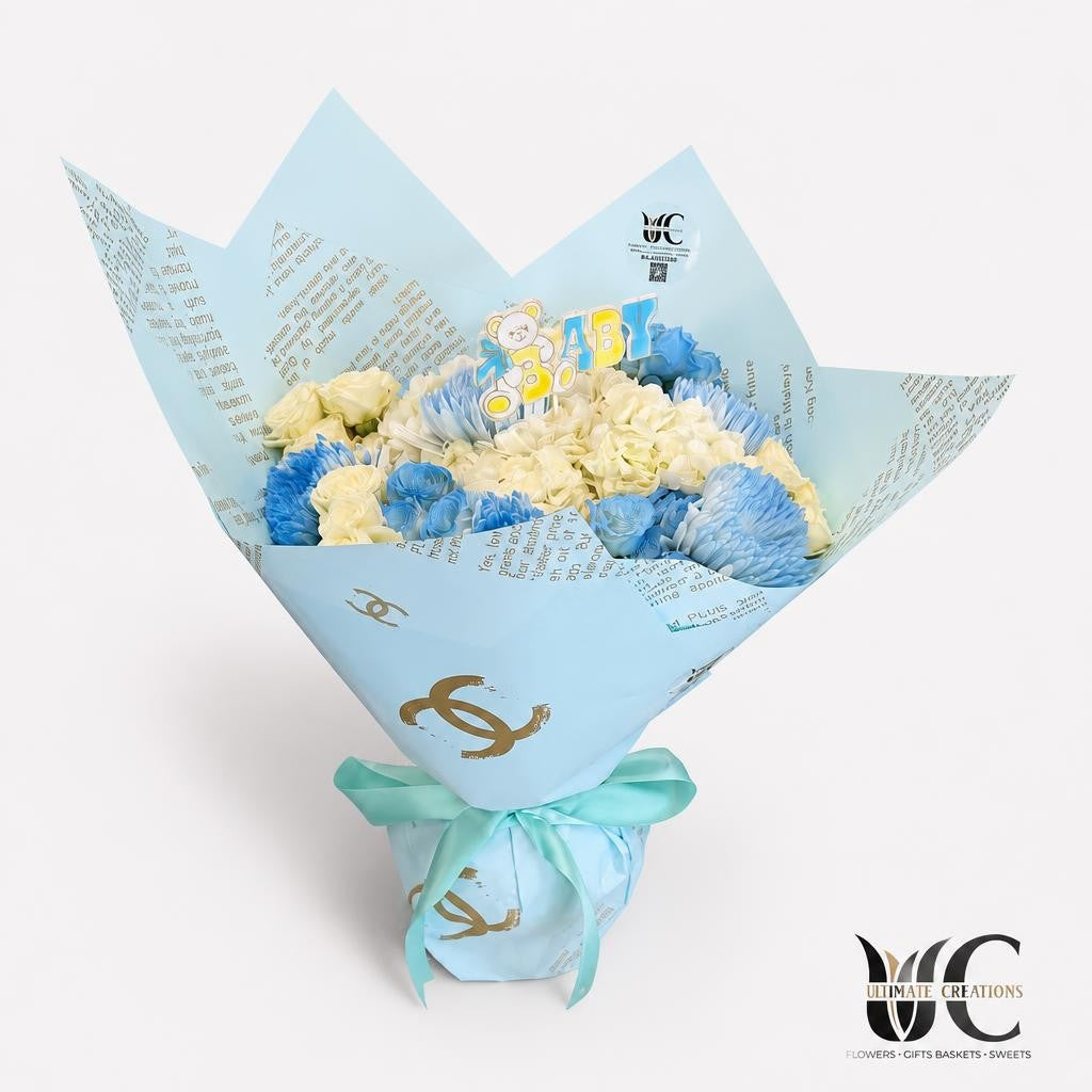 Blue and white baby welcome bouquet