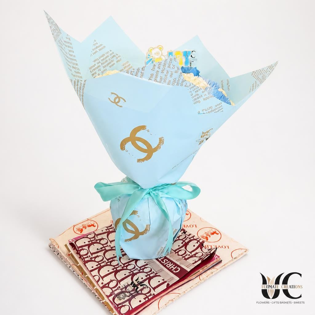 Elegant blue wrapped floral gift bouquet