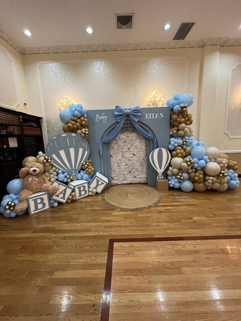 Brit Milah baby boy balloon backdrop with blue ivory and gold balloons by Ultimate Creations NY