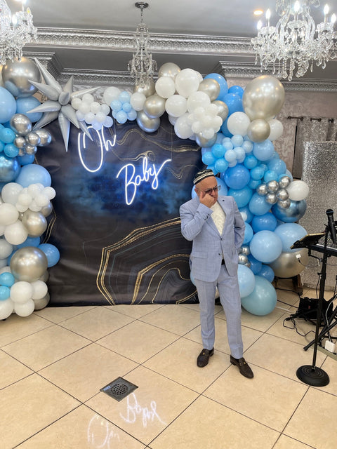 Blue, white and silver balloon backdrop for a Brit milah at Beit Eliyahu Synagogue in Fresh Meadows, Queens by Ultimate Creations NY