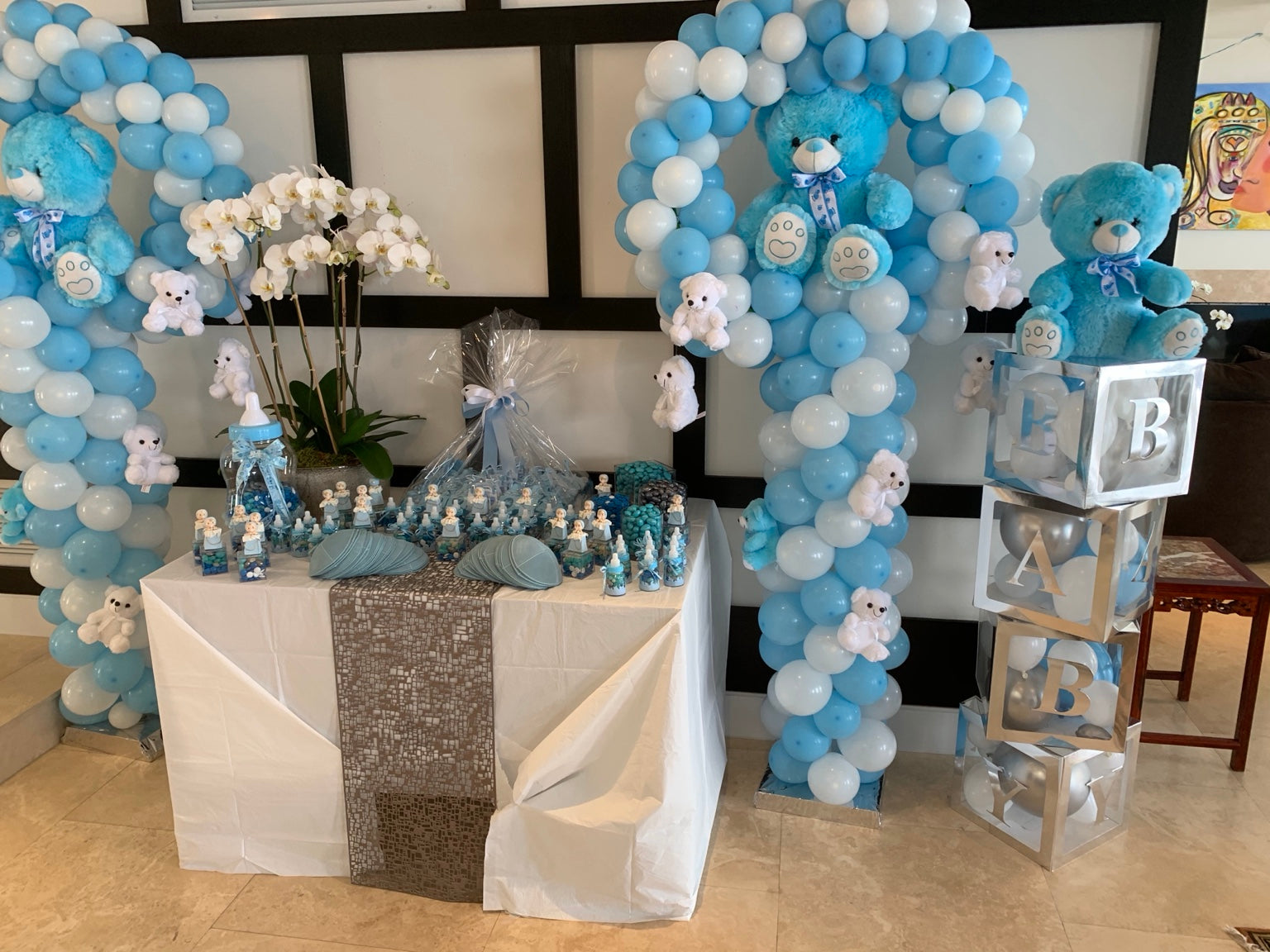 Complete blue and white teddy bear Brit Milah focal display with balloon arches, favors, orchids and BABY blocks