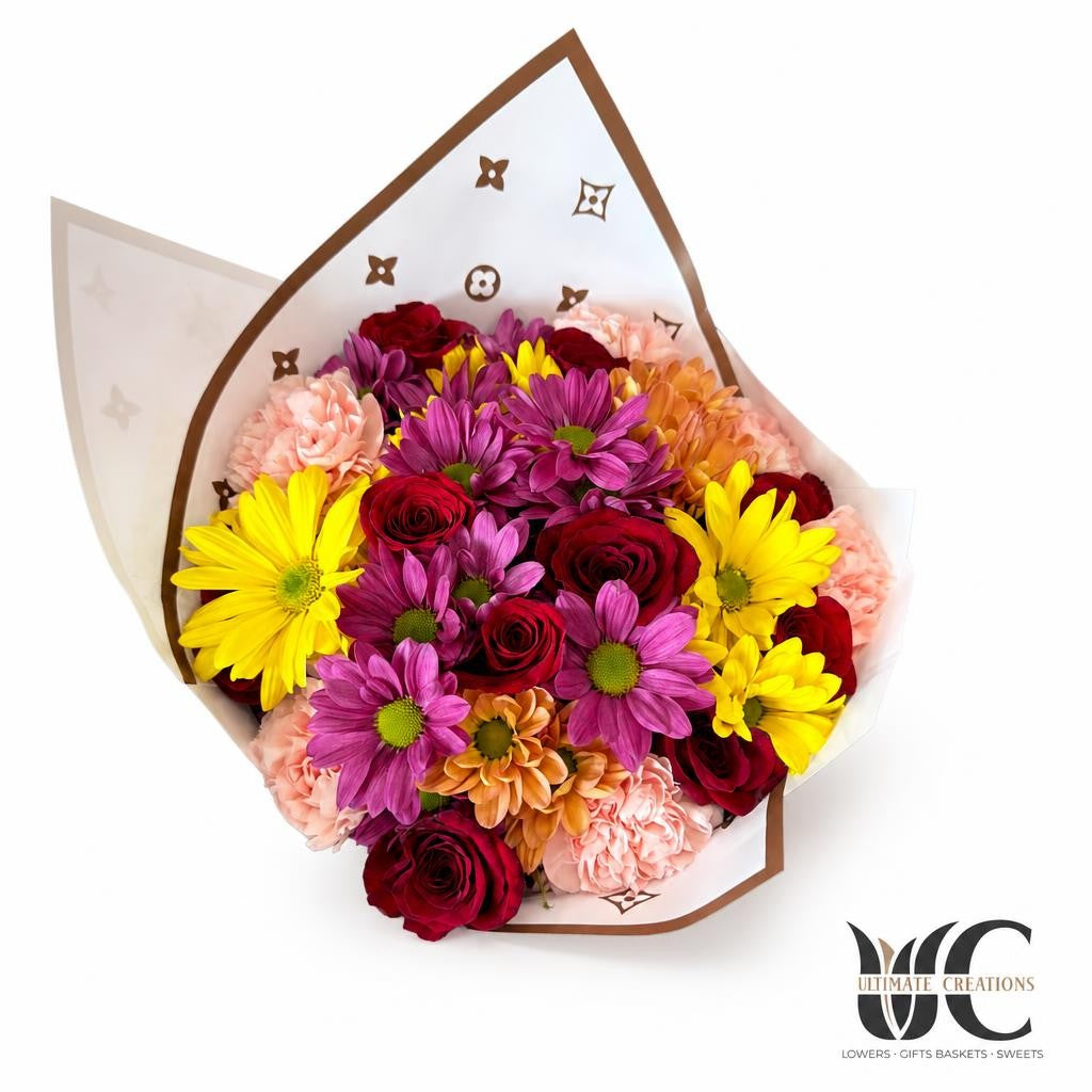 Colorful bouquet with red yellow purple peach and white flowers