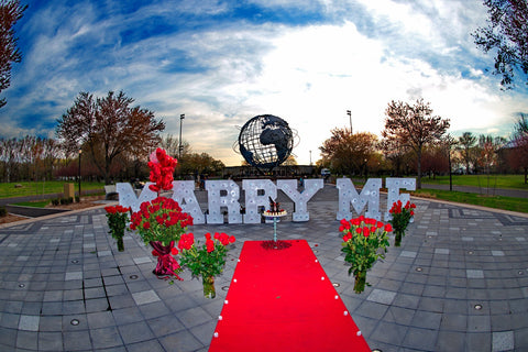 Luxury Marry Me proposal setup with red carpet, red roses, illuminated letters and the Unisphere in Queens, NY by Ultimate Creations NY.