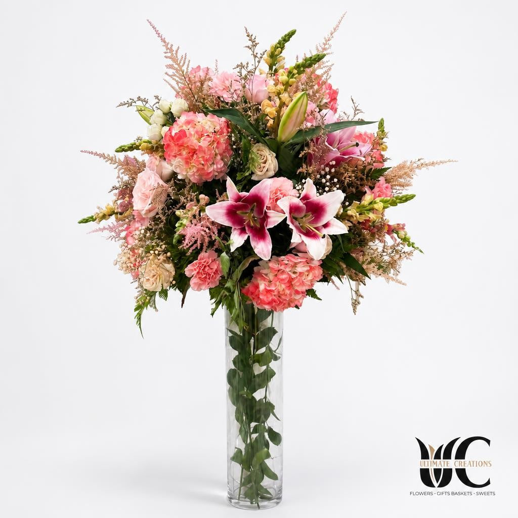 Tall pink and ivory floral centerpiece