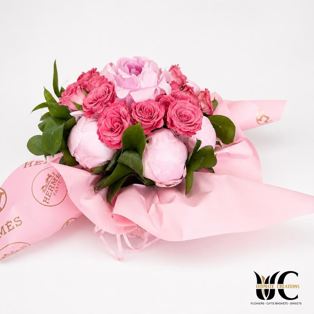 Romantic pink wrapped rose bouquet