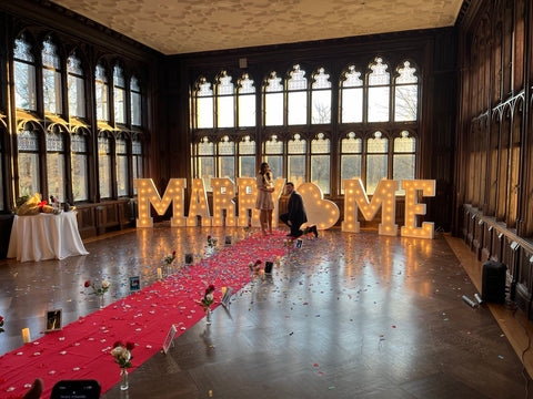 Marriage proposal moment at Sands Point Preserve with one partner kneeling before illuminated MARRY ME marquee letters and a rose-lined red carpet.