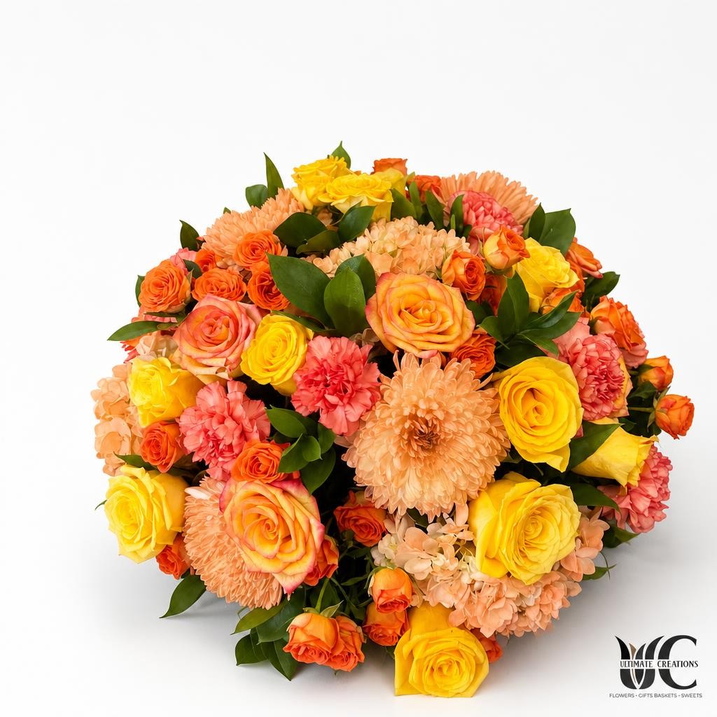 Colorful yellow coral peach and pink mixed bouquet