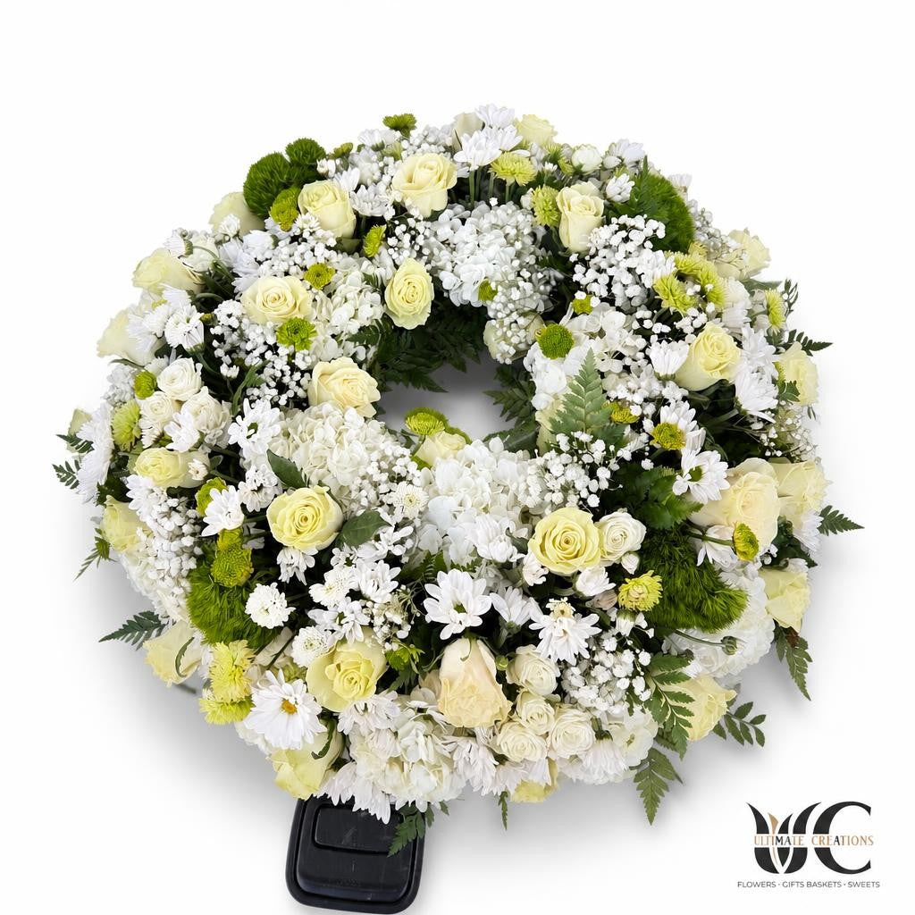White and green sympathy wreath from Ultimate Creations NY