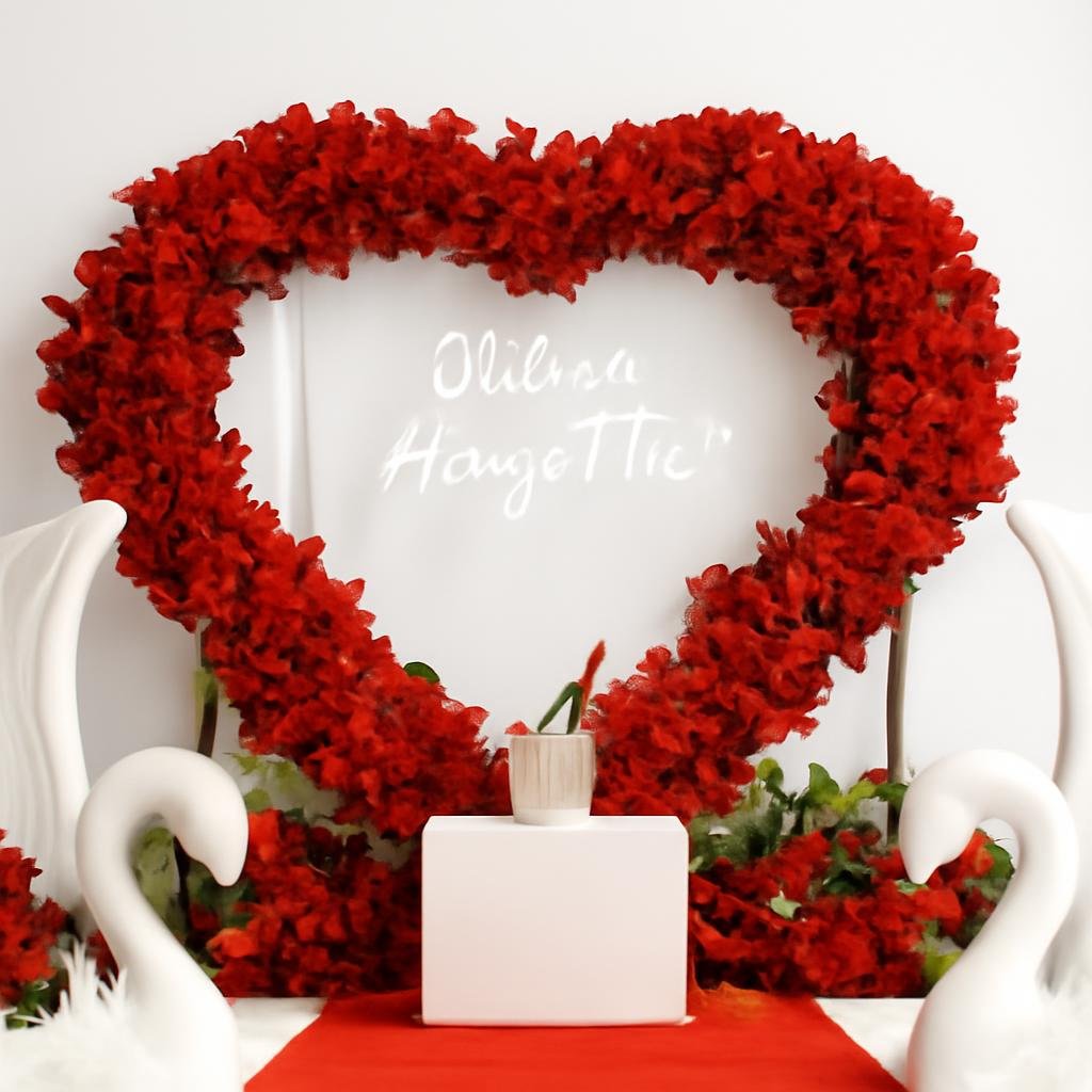 Heart-shaped arch covered in red roses with a proposal sign and red aisle leading to a central pedestal.