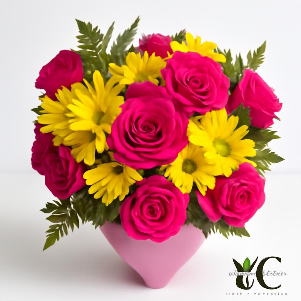 Bouquet of hot pink roses with bright yellow flowers and green foliage.