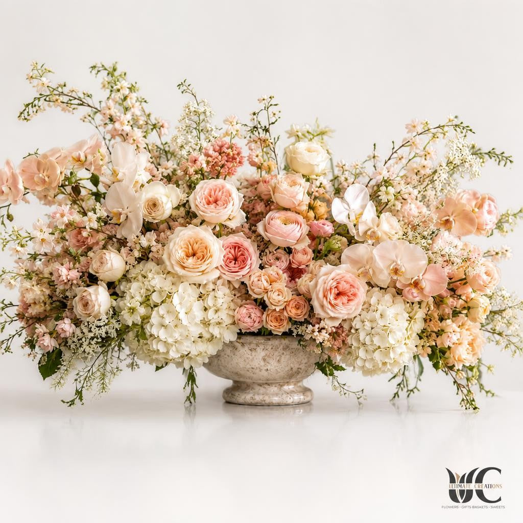 Wide low floral arrangement of blush, peach, ivory, and white flowers with airy branches in a pale stone bowl.