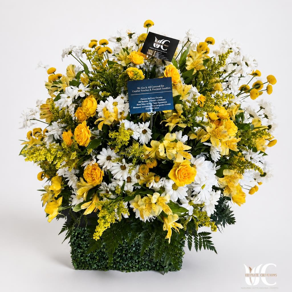 Large rounded yellow and white floral arrangement with roses, daisy-like blooms, small yellow filler flowers, and greenery displayed in a flower shop.