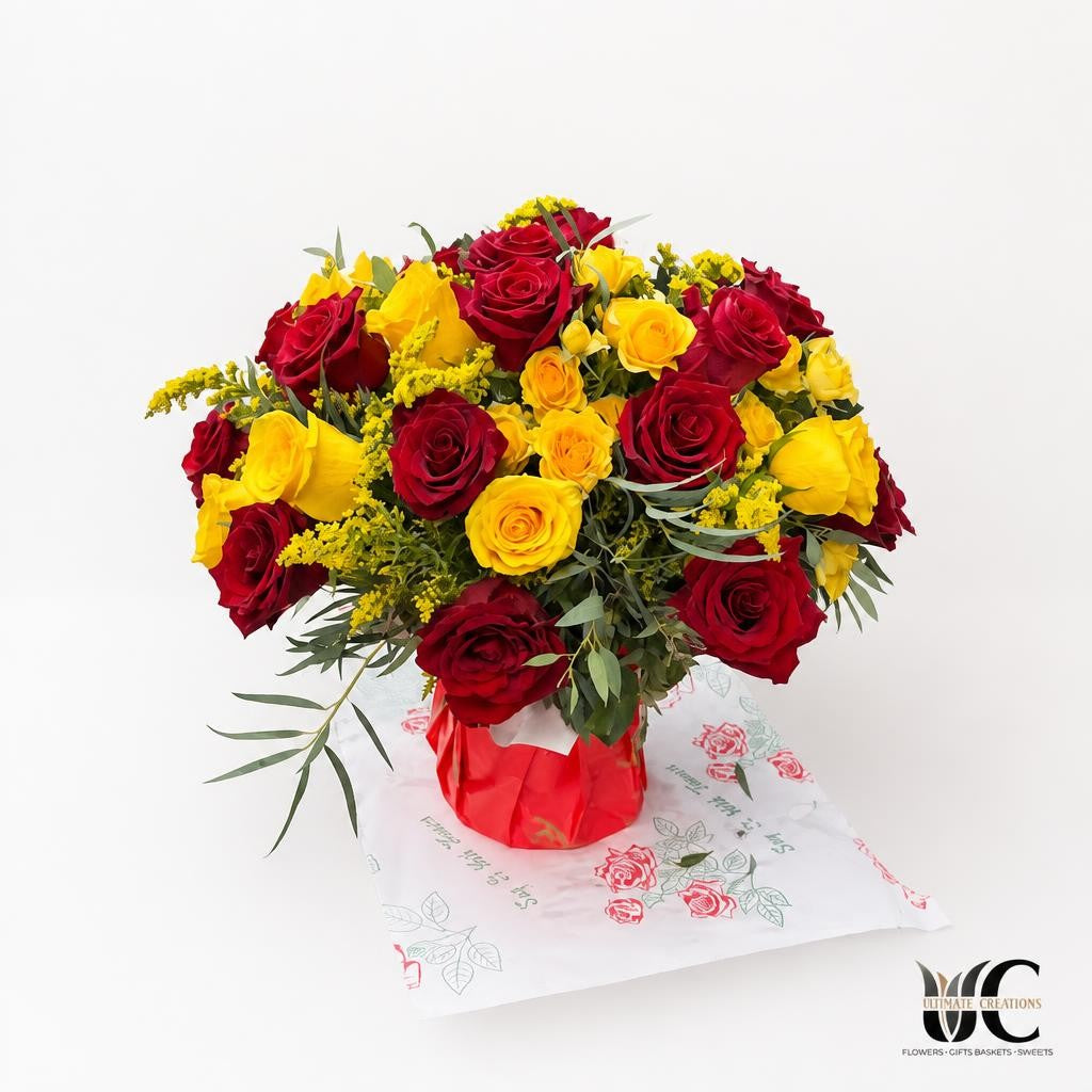 Rounded floral arrangement of red and yellow roses with green foliage and small yellow filler flowers in a red container.