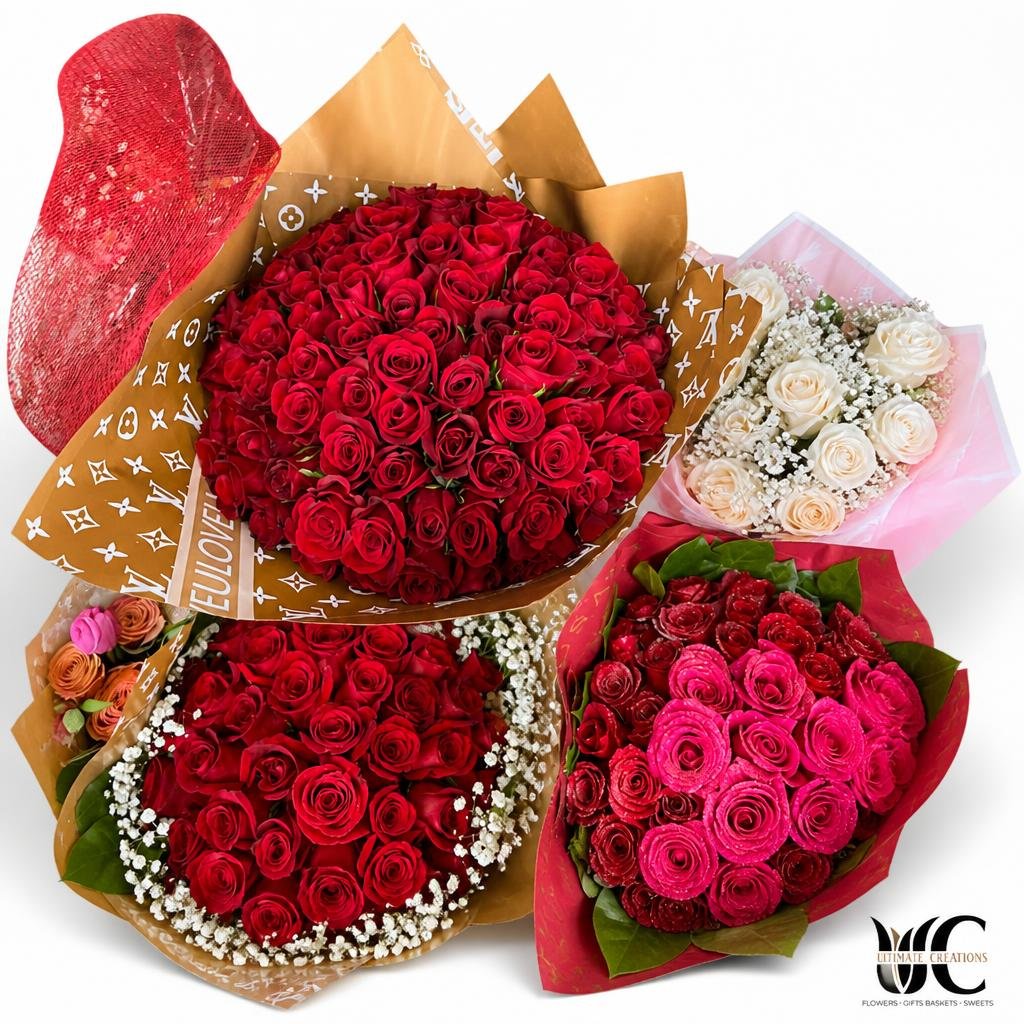 Large round bouquet of red roses wrapped in brown patterned paper.
