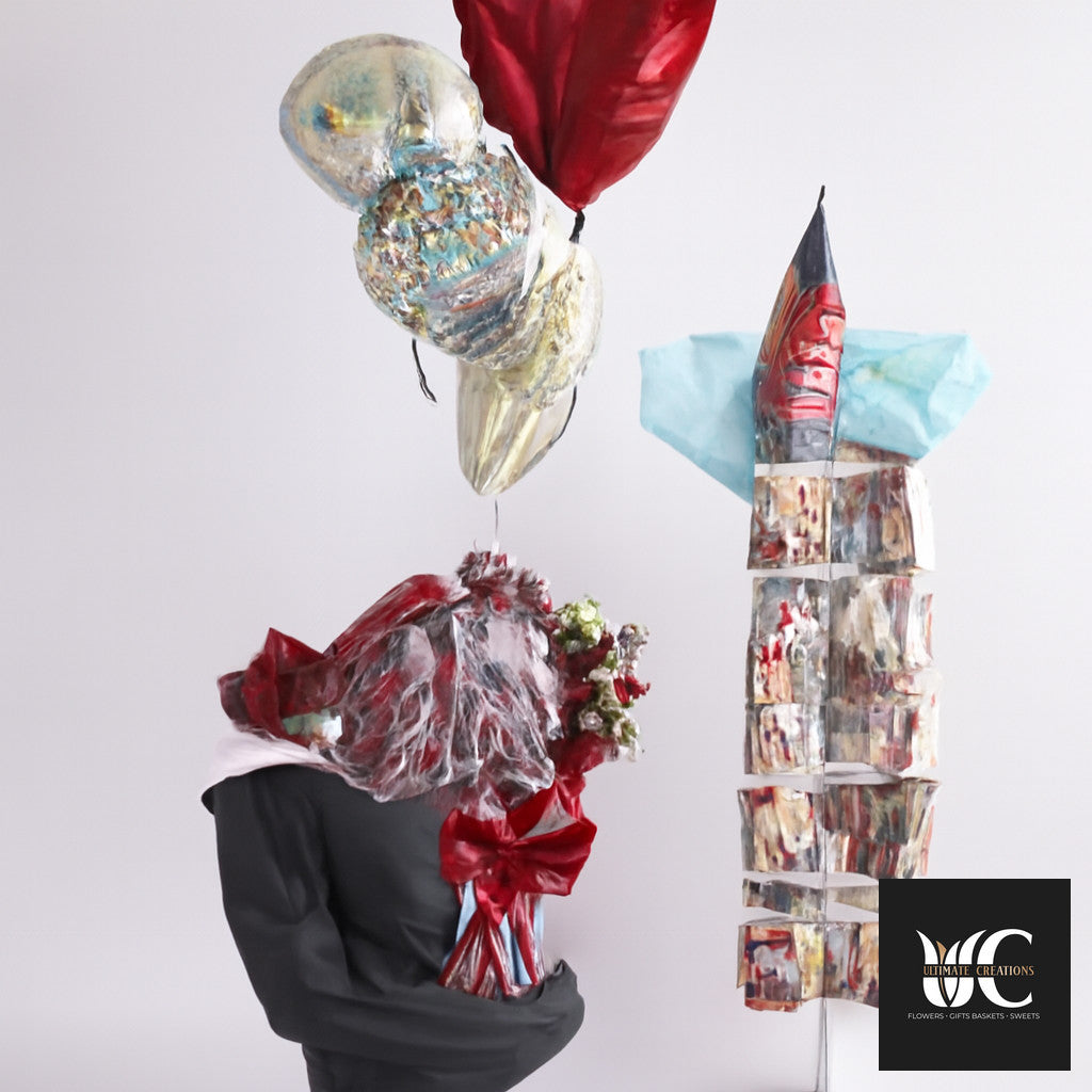 Sculptural balloon display with red, silver, and blue accents beside a wrapped gift-style arrangement.