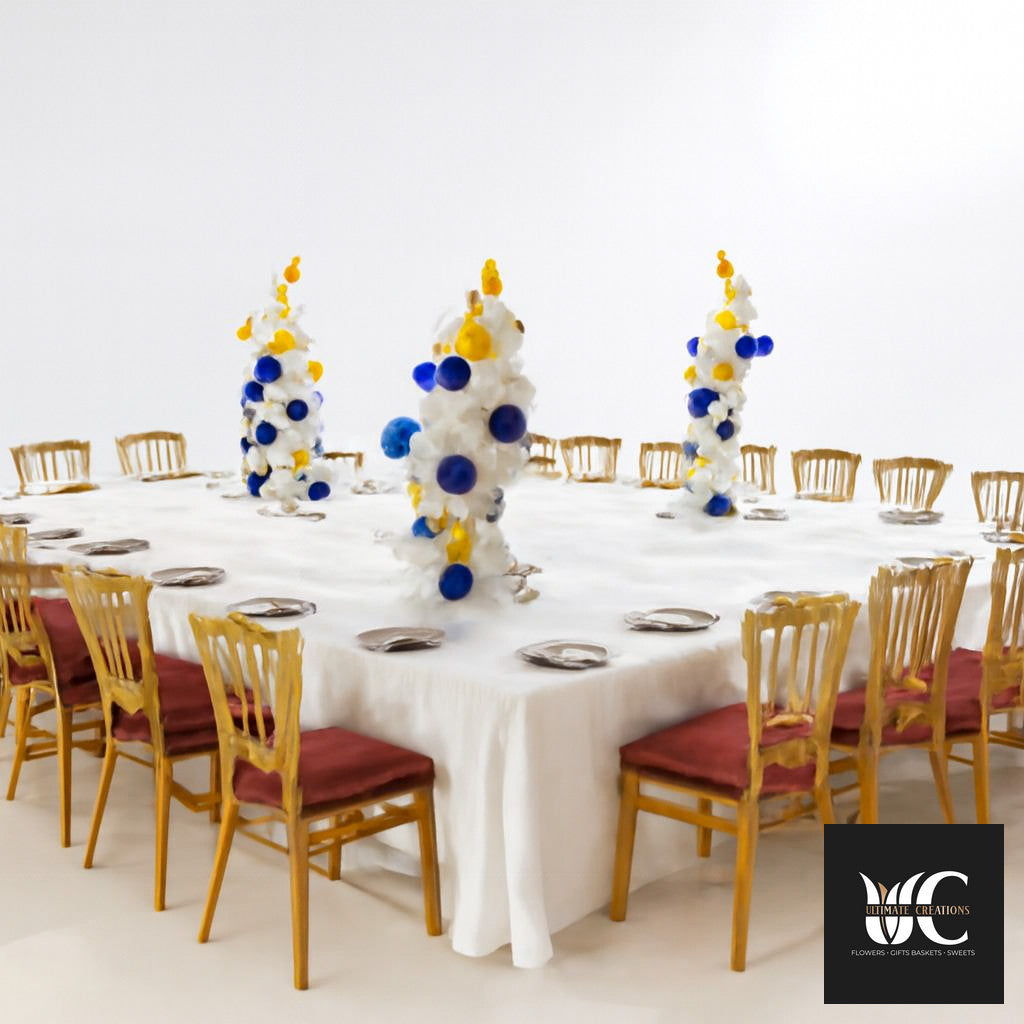 White banquet table with gold chairs and tall white, blue, and yellow floral centerpieces.