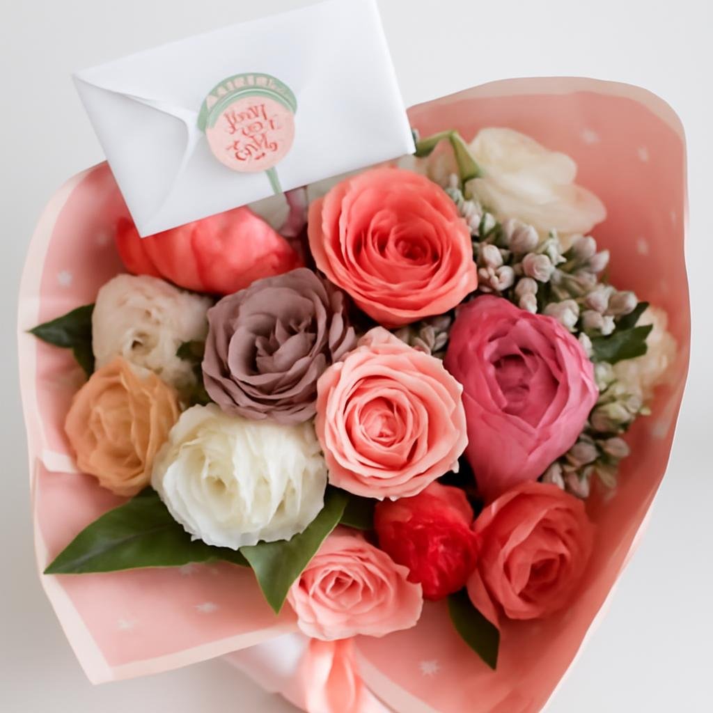 Hand-tied bouquet of pastel roses with glitter accents and a new home card in pink wrapping.