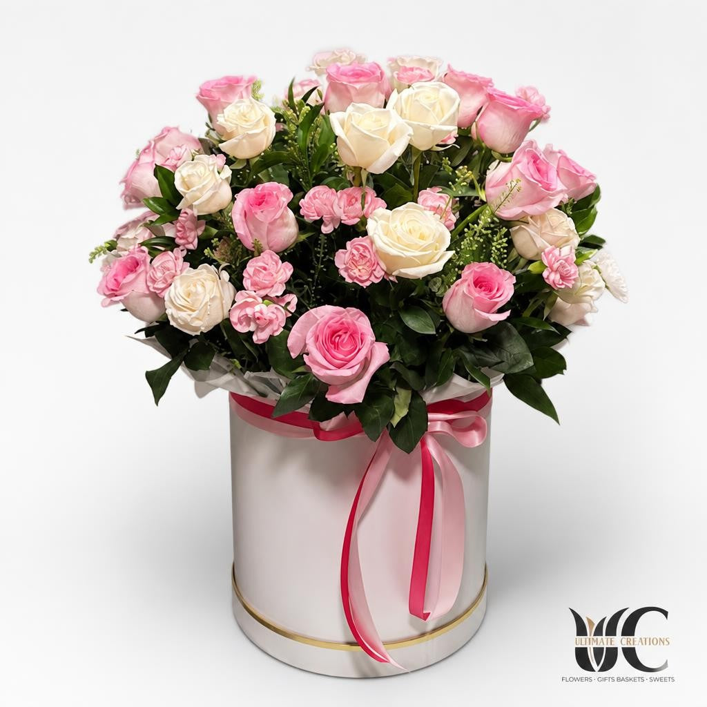 Lush pink and ivory rose arrangement with greenery in a tall white cylindrical hatbox featuring gold trim and a long pink ribbon.