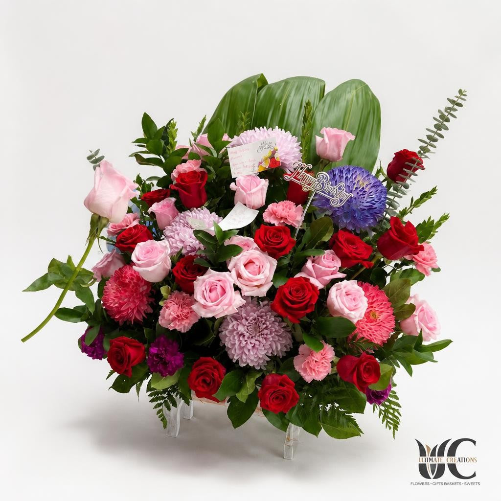 Large lush floral arrangement with red and pink roses, lavender flowers, pink textured blooms, greenery, and broad leaves.