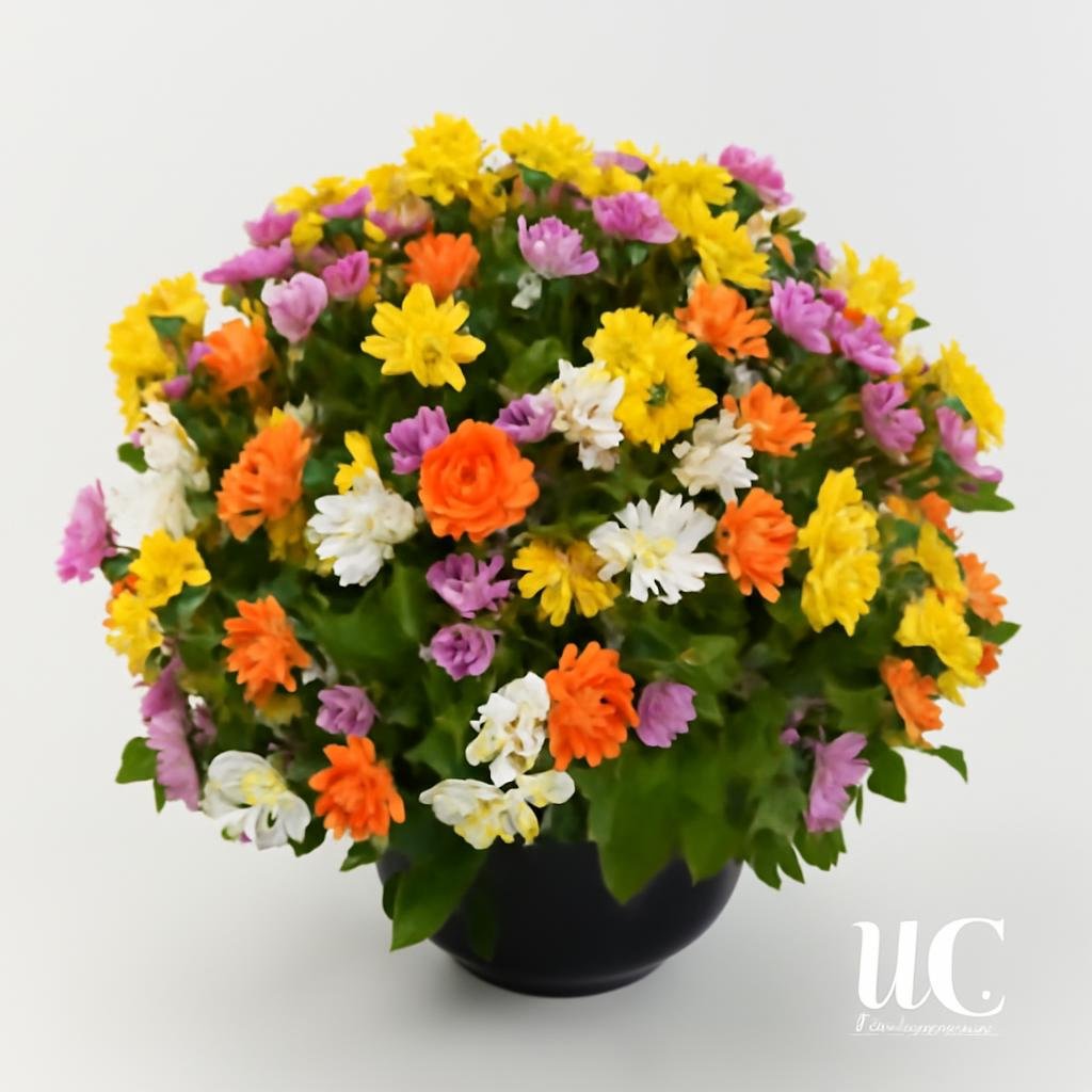 Large round arrangement of orange, yellow, white, and pink flowers in a black vase on a counter.