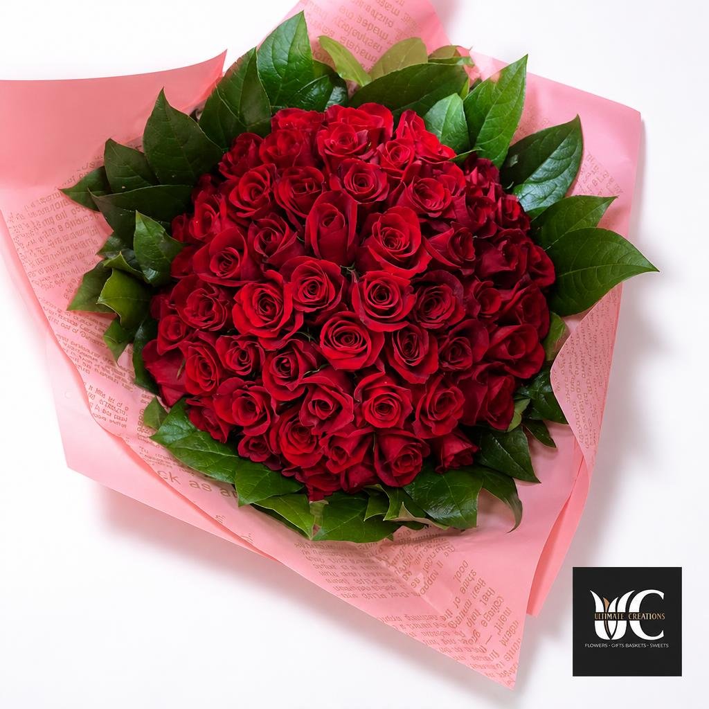 Large bouquet of red roses with green leaves wrapped in pink paper.