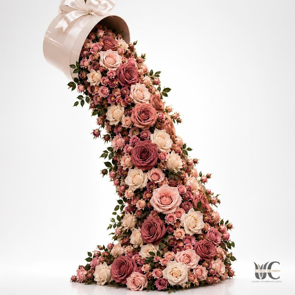 White tipped flower box with a lush diagonal cascade of burgundy, red, pink, peach, and cream roses.