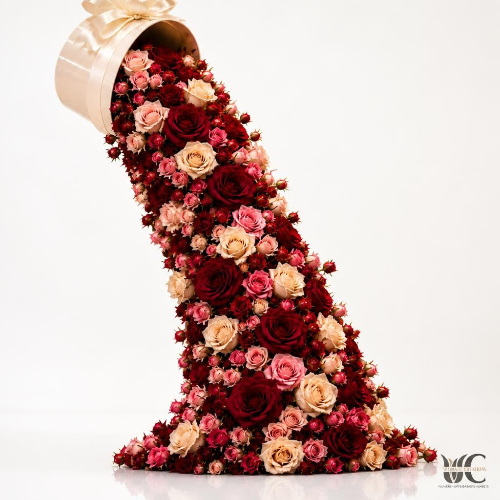 White tipped flower box filled with pink, blush, peach, and ivory roses in a sweeping diagonal cascade with greenery.