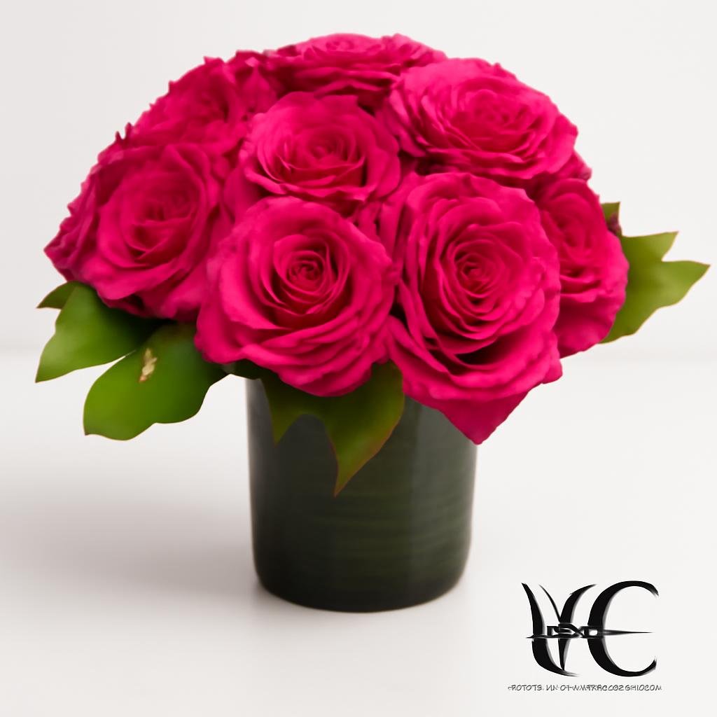 Hot pink rose arrangement in a dark vase with green leaves.