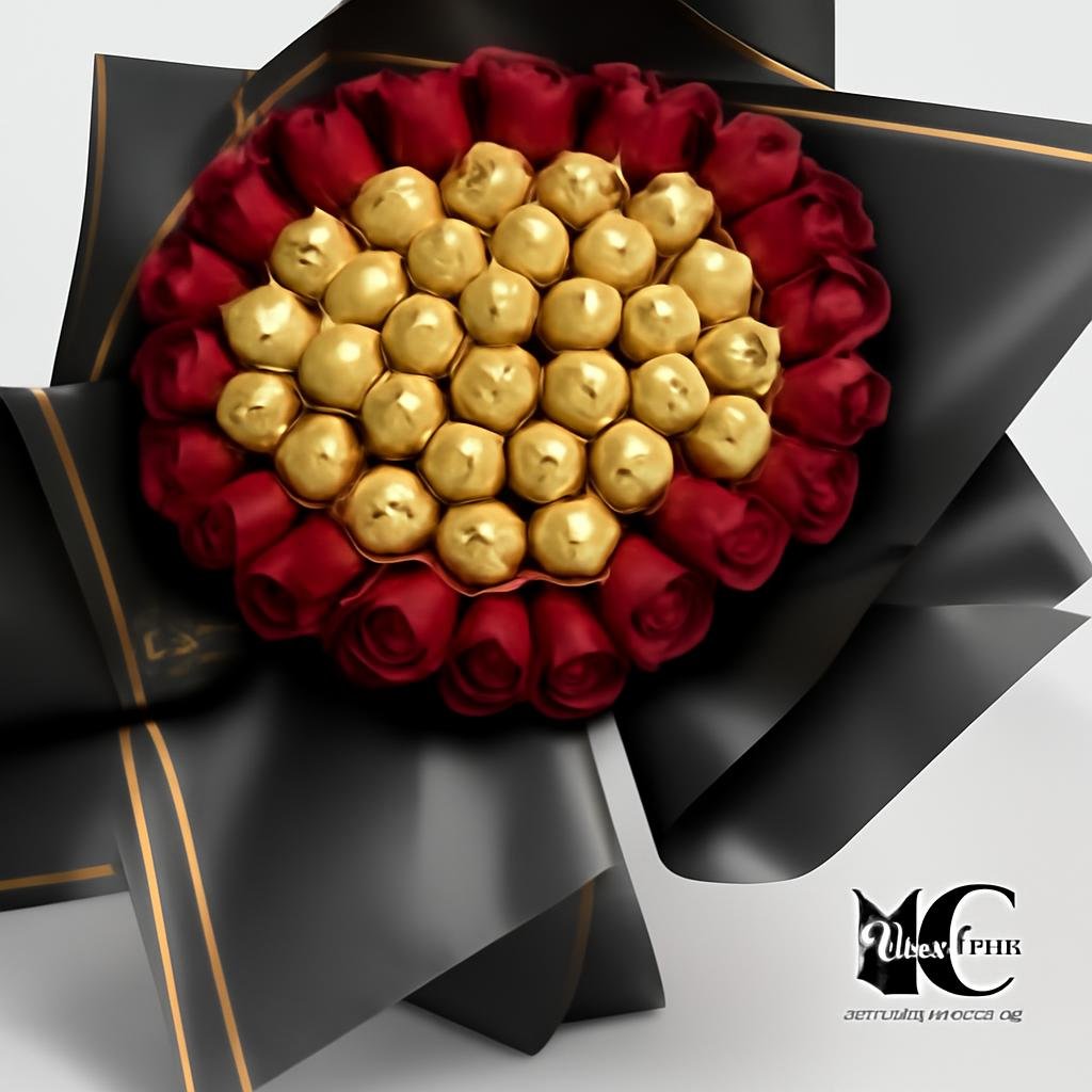 Heart-shaped bouquet of red roses surrounding gold-wrapped chocolates in black and gold paper.