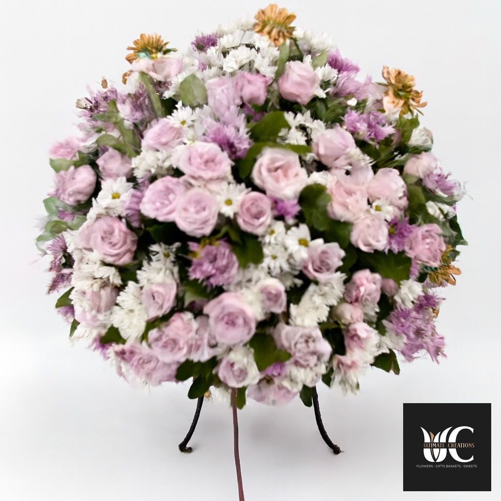 Round standing funeral flower arrangement with pale pink, lavender, white, and peach-toned flowers on a stand.