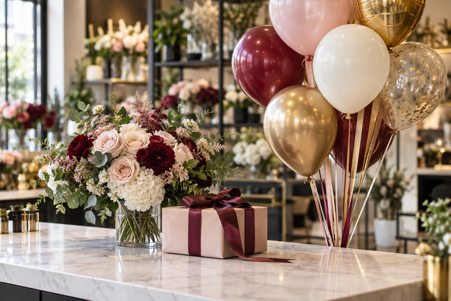 Balloons, wrapped gift and fresh floral arrangement in a Fresh Meadows florist