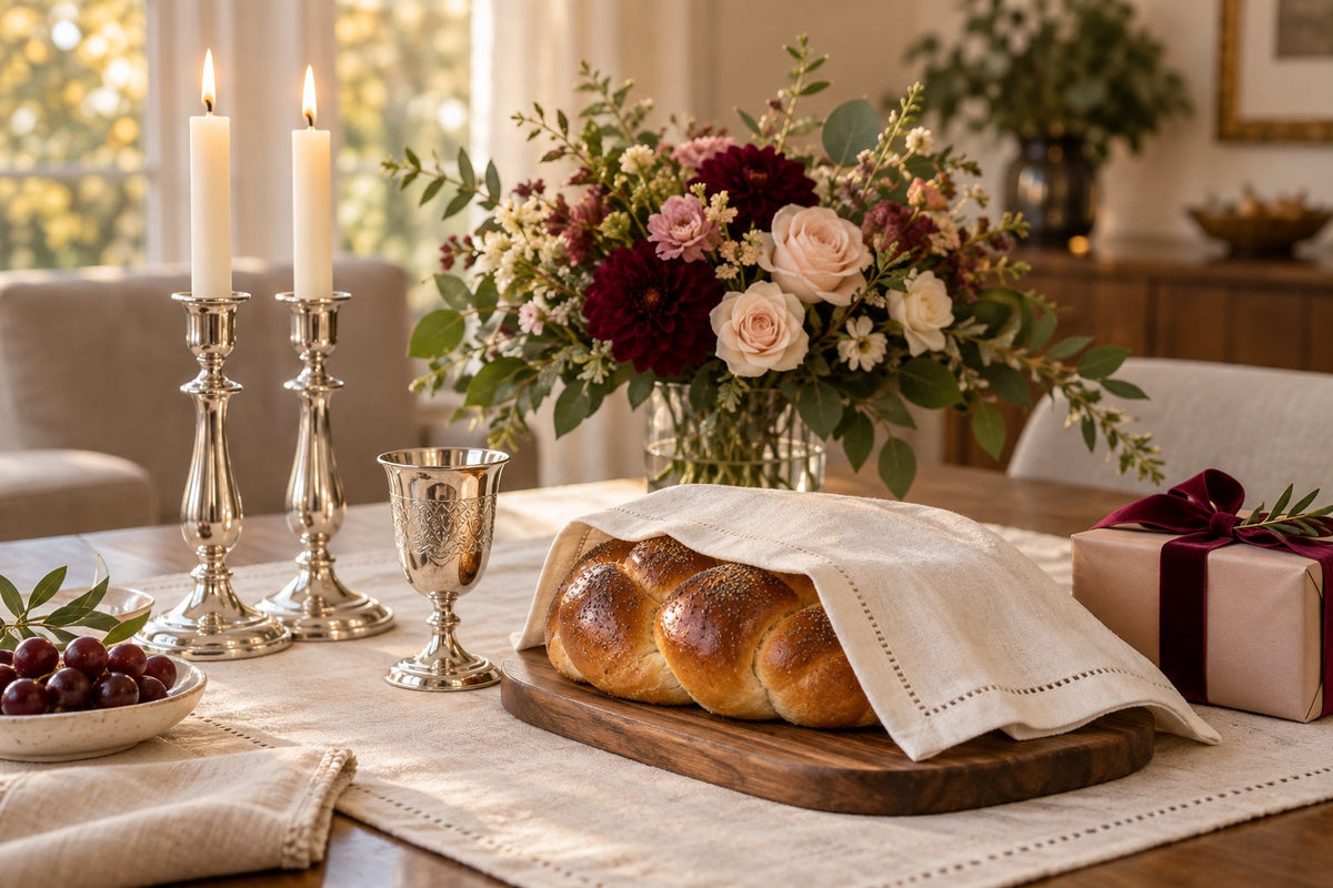 Judaica, Jewish holiday table gifts and fresh flowers arranged in a warm home setting