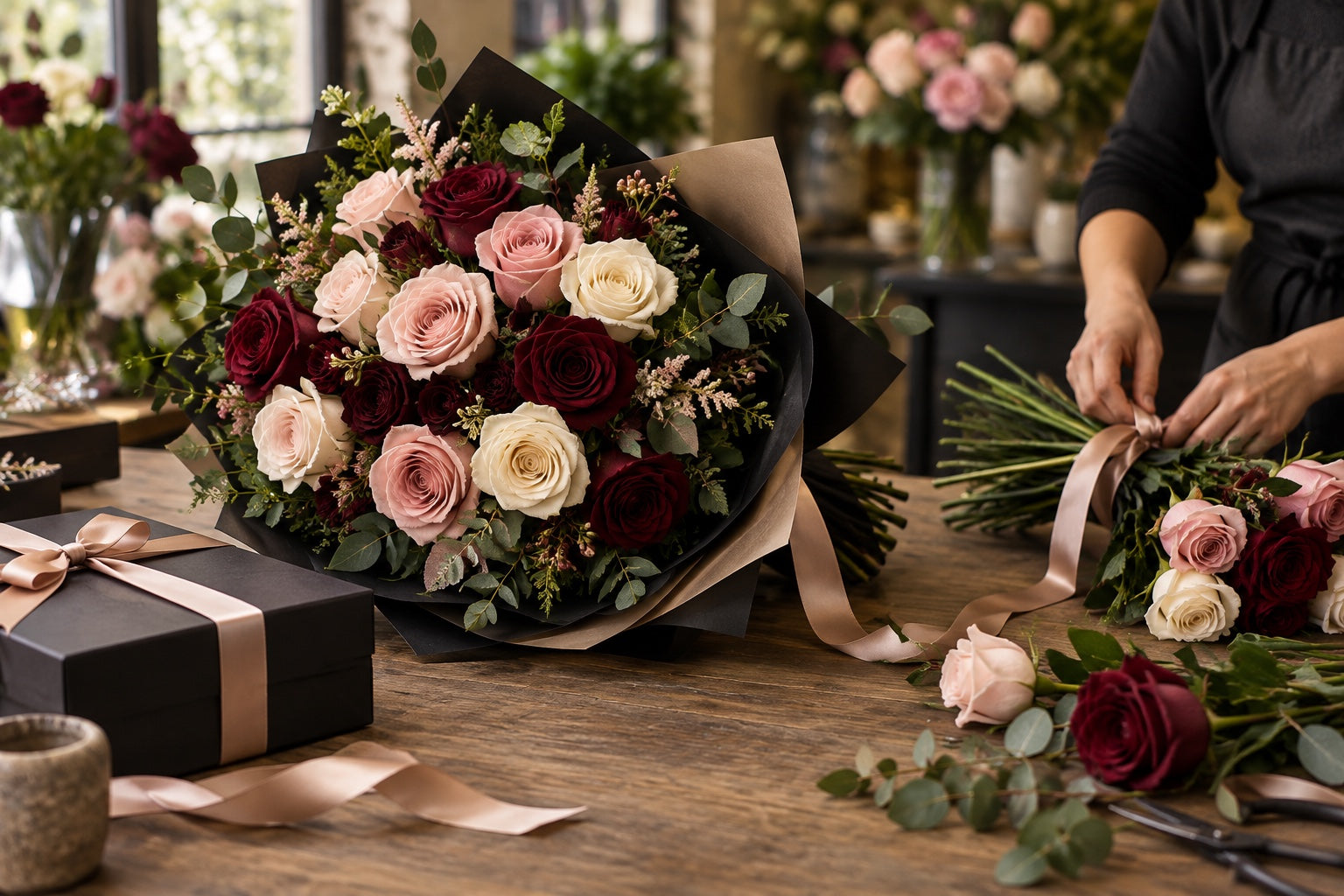 Burgundy, blush and ivory roses prepared for the Ultimate Creations NY Rose Club