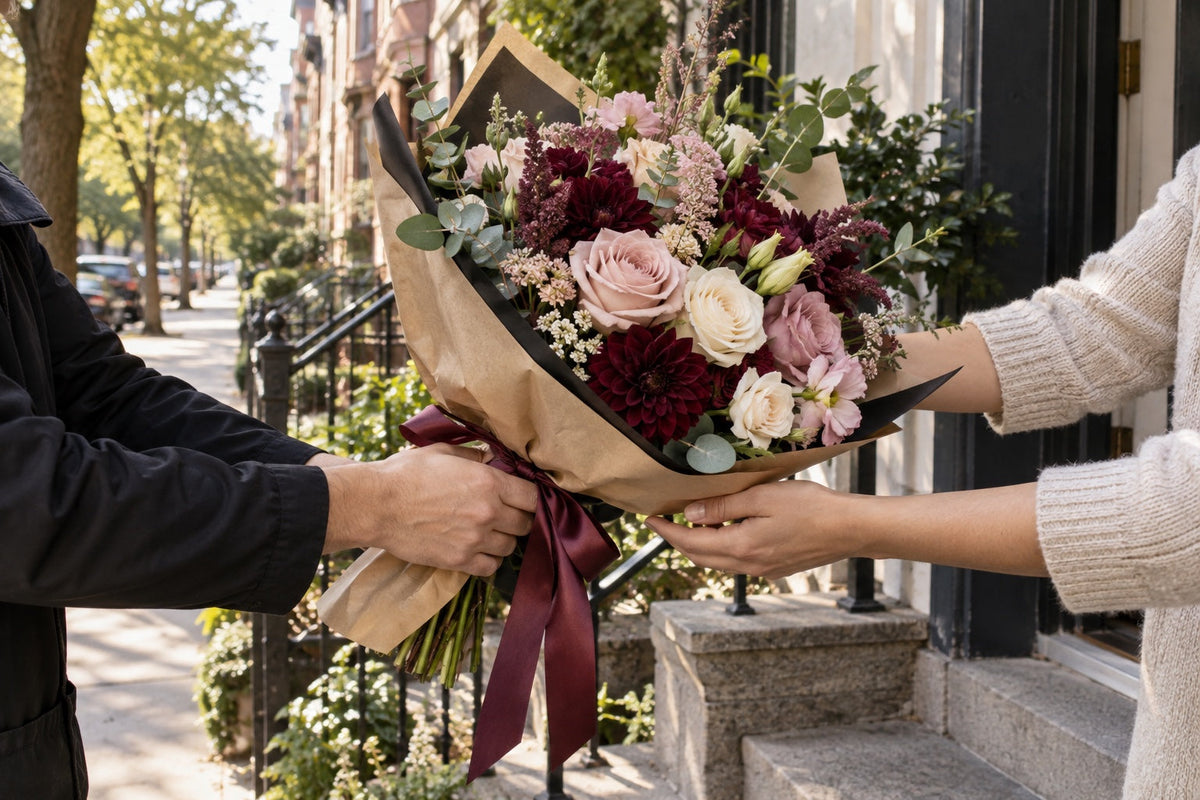 Fresh flower bouquet delivered to a Queens doorstep by Ultimate Creations NY