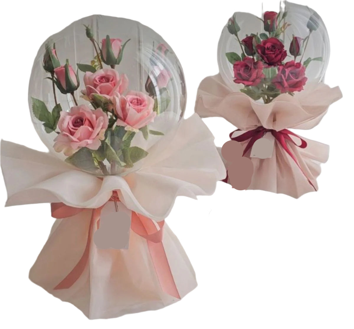 Two floral arrangements in clear domes with ribbons on a white background