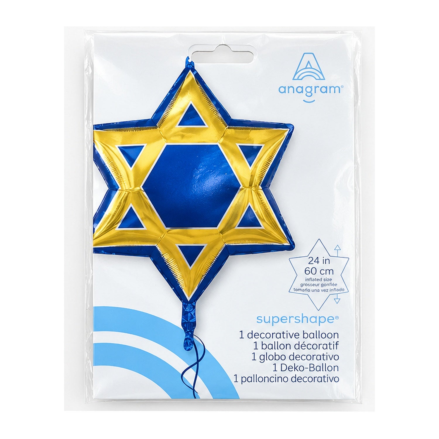 Anagram blue and gold Star of David Supershape foil balloon, 24 inch